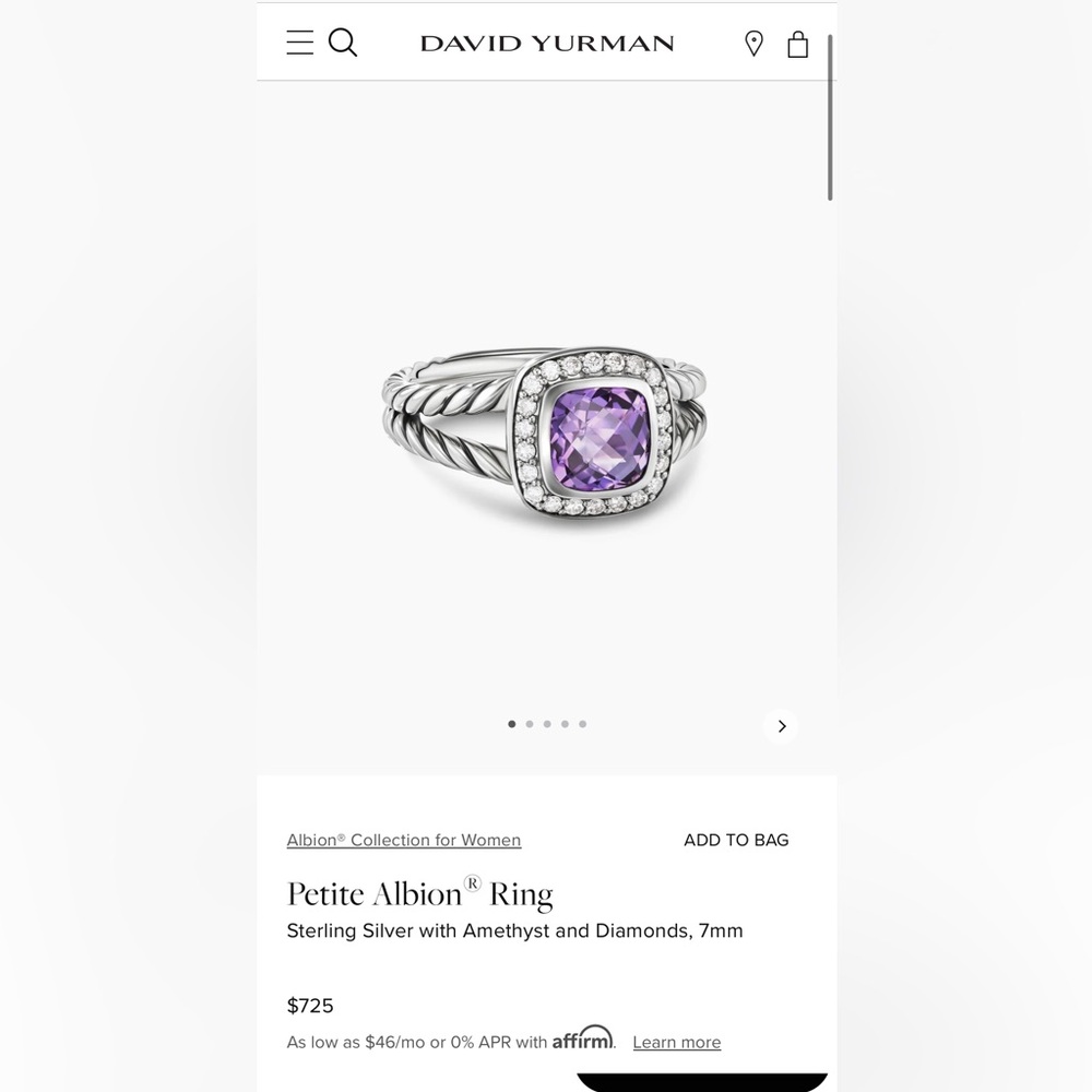 David Yurman Petite Albion Ring
Sterling Silver with Amethyst and Diamonds, 7mm